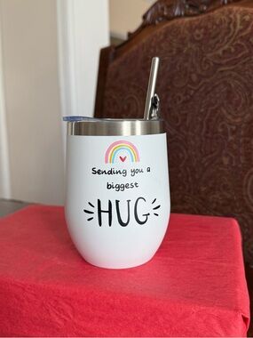 White "Sending You a Biggest Hug" Insulated Tumbler with Straw & Spoon